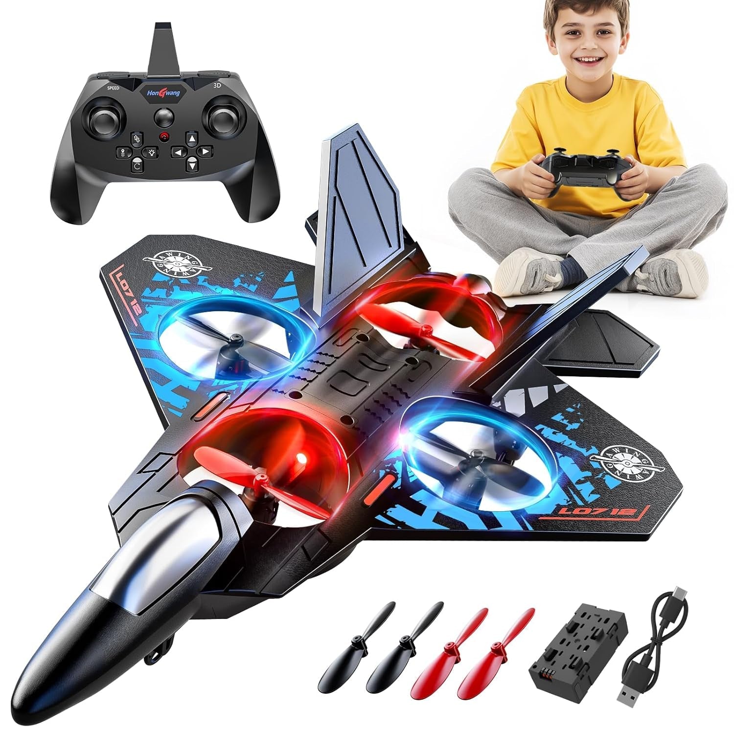 Foam Remote Control Airplane for Kids 8-12, 2.4 Ghz RC Plane with Colorful Lights, 360° Flips & Stunt Roll, 