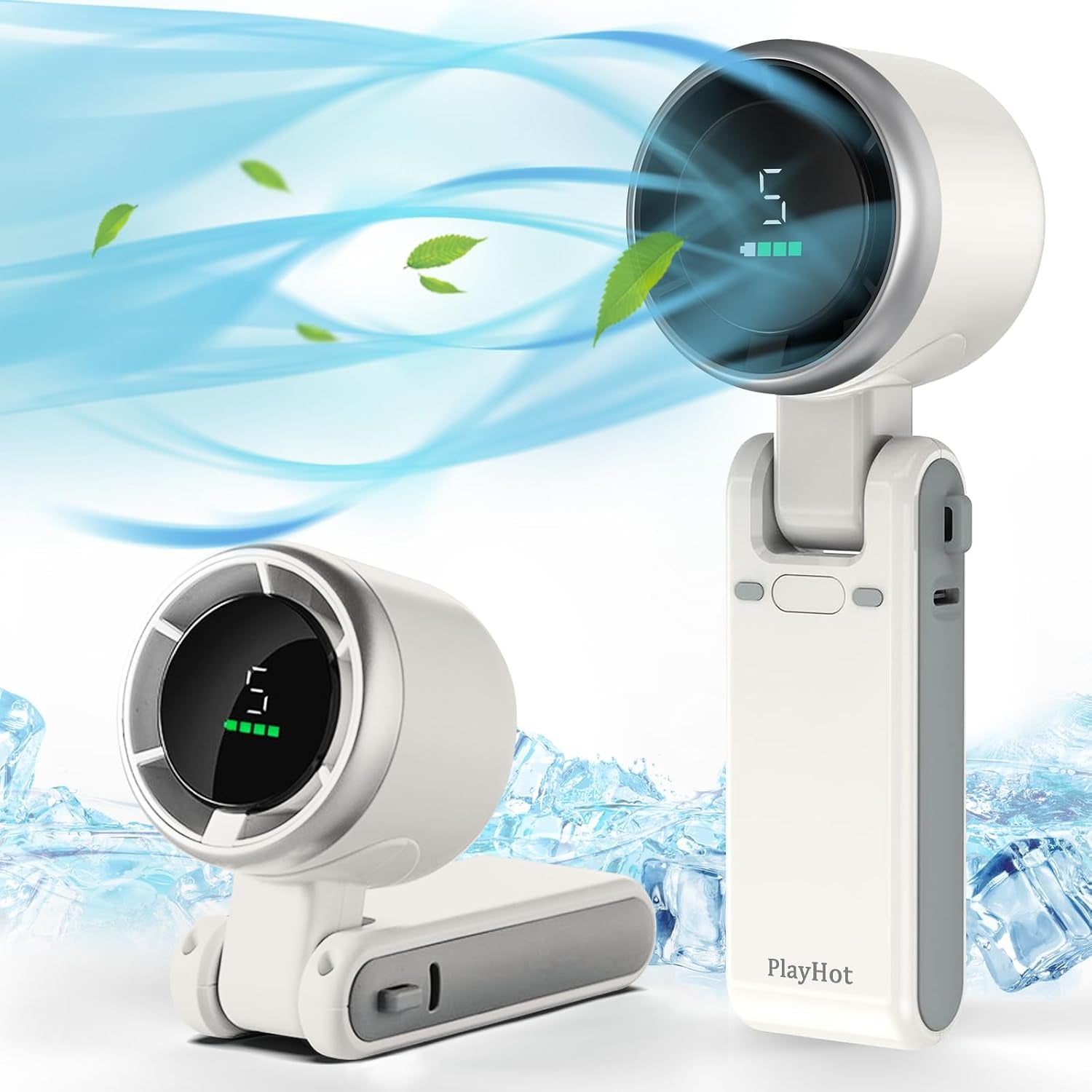 Portable Handheld Turbo Fan, 5 Gear Wind, Battery Operated,  Travel, Beach (White)