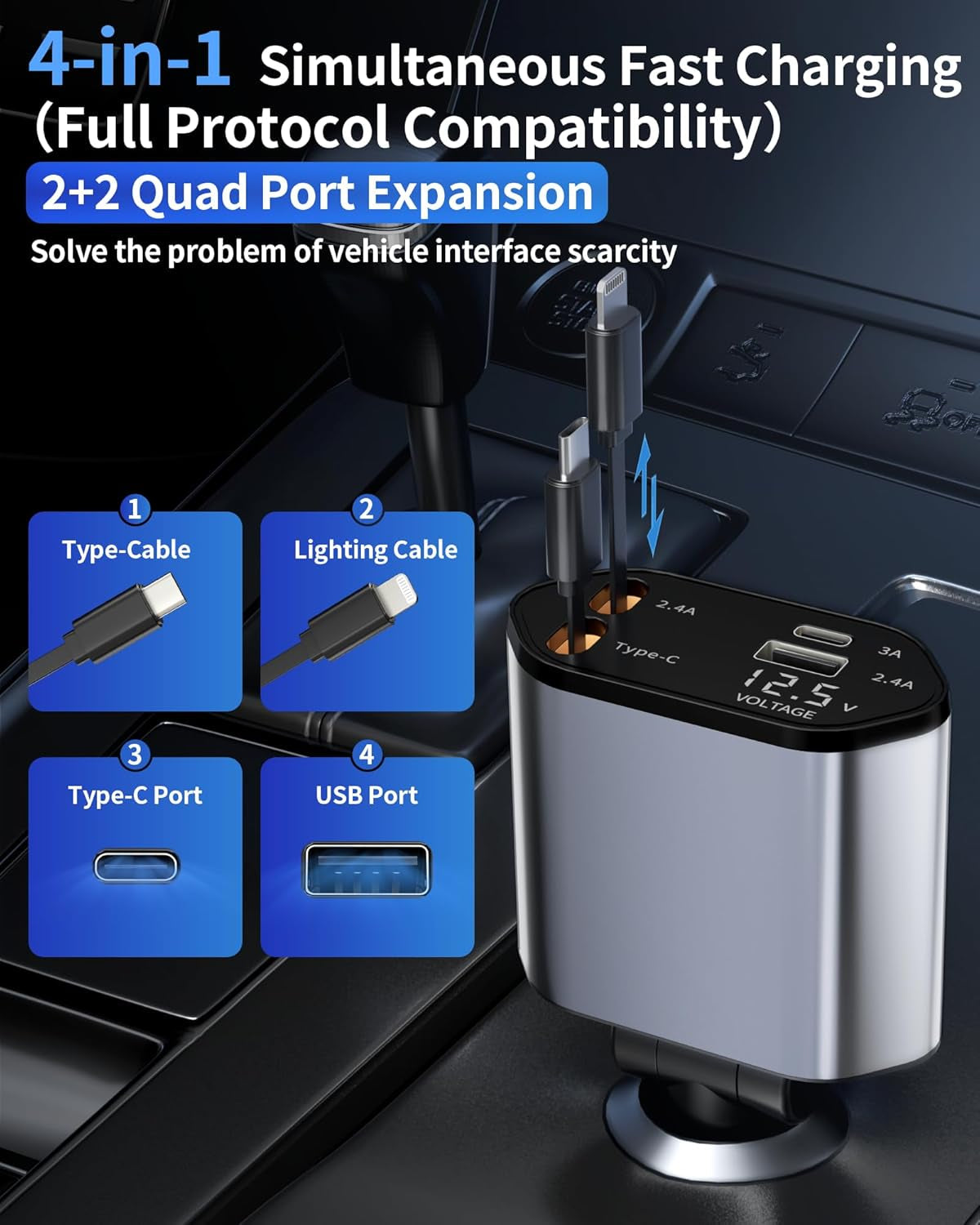 Retractable  4 in 1 Fast Charging Car Charger USB-C & USB-A Compatible with Iphone 16/15/14/13/12/11/X,Galaxy,Pixel