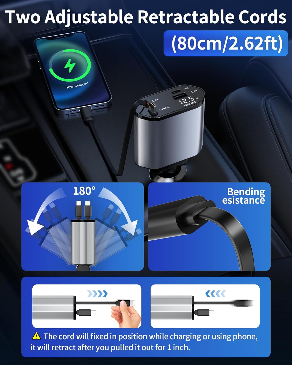 Retractable  4 in 1 Fast Charging Car Charger USB-C & USB-A Compatible with Iphone 16/15/14/13/12/11/X,Galaxy,Pixel