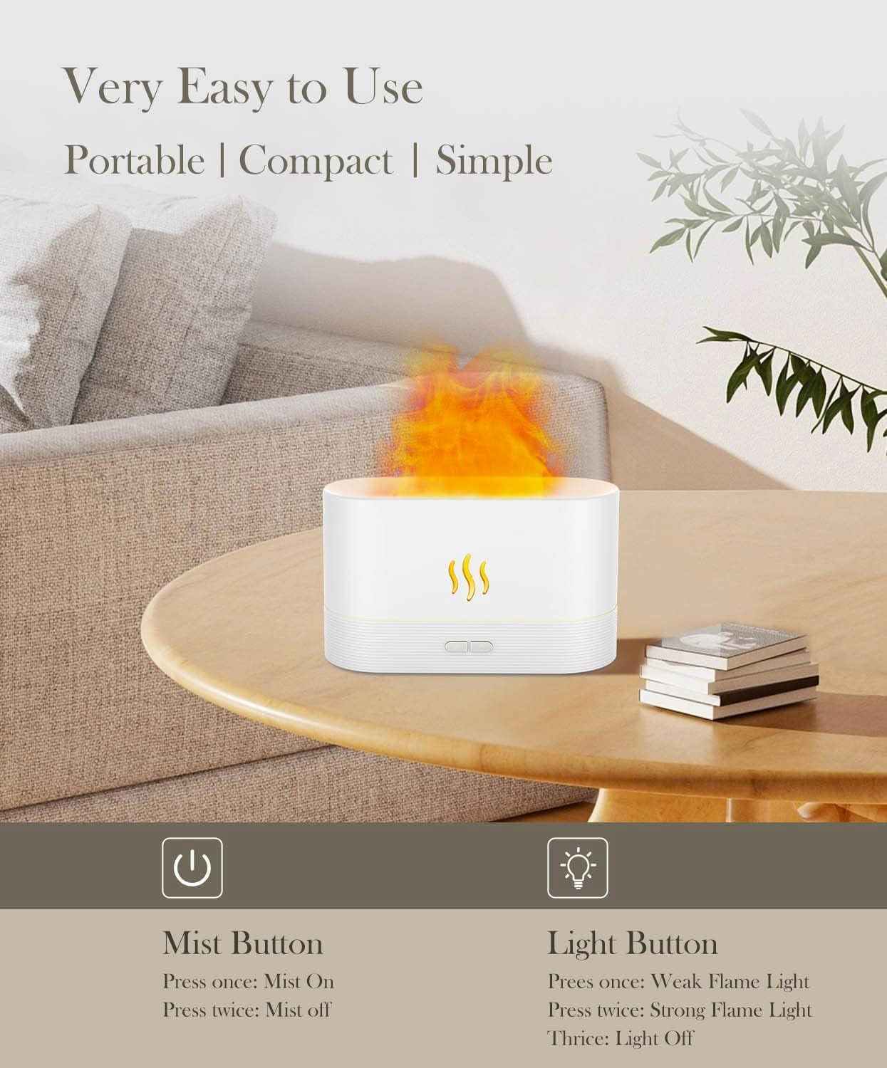 Essential Oil Diffuser Humidifer with Flame Light Effect, Humidifiers for Bedroom with 2 Brightness, 