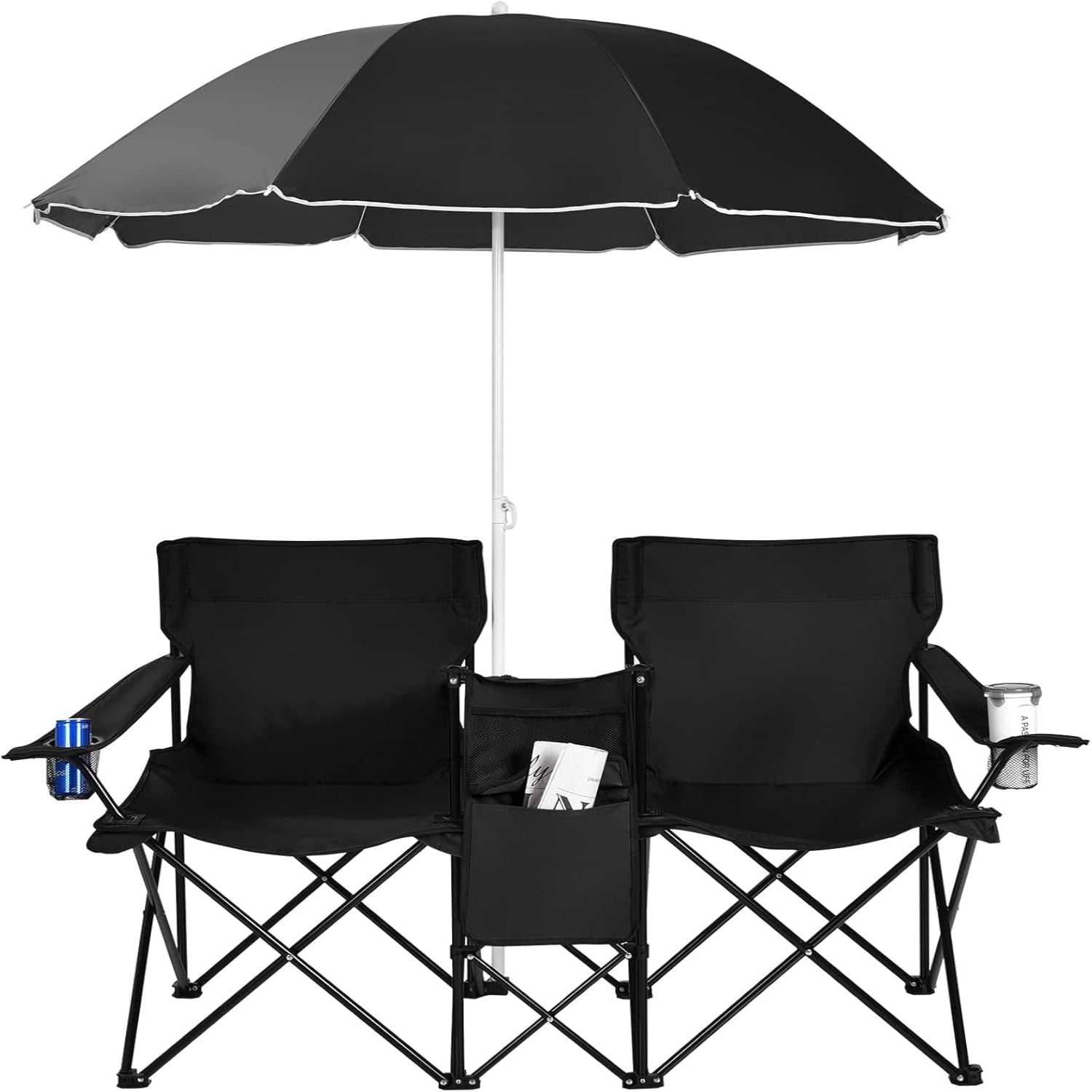Double Camping Chair with Umbrella, Folding Loveseat Chairs W/Canopy Shade, Carrying Bag