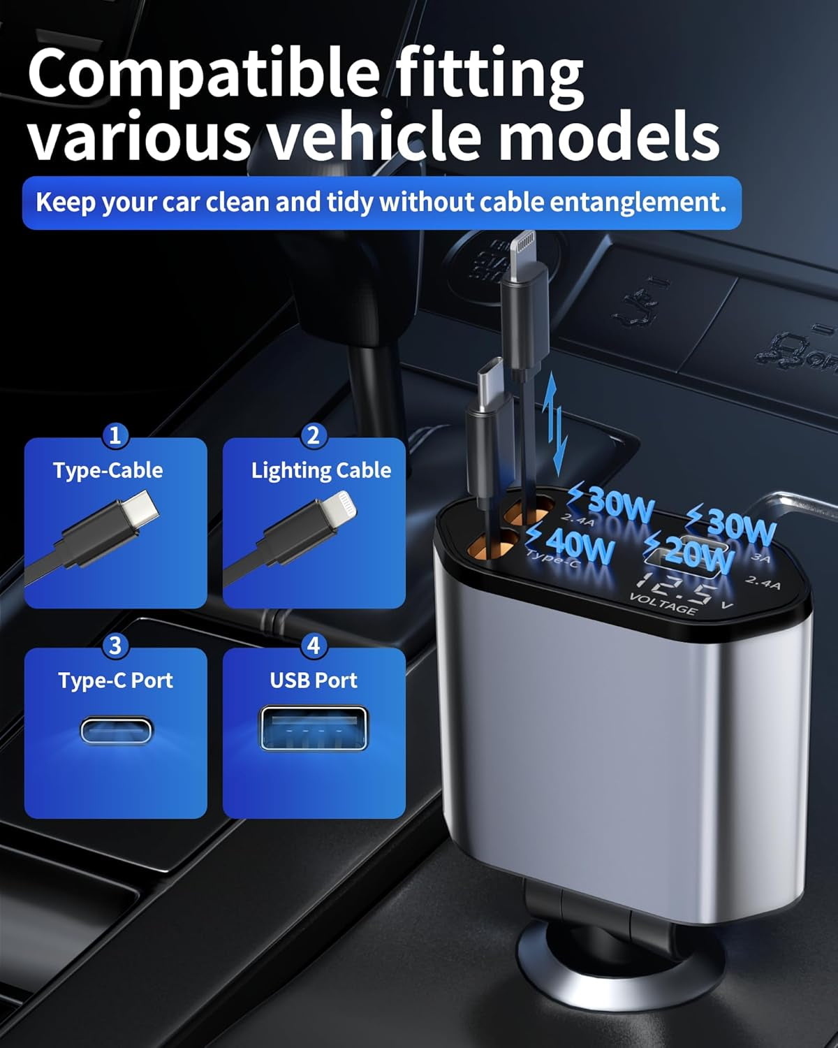 Retractable 4 in 1 Fast Charging Car Charger USB-C & USB-A Compatible with Iphone 16/15/14/13/12/11,Galaxy,Pixel