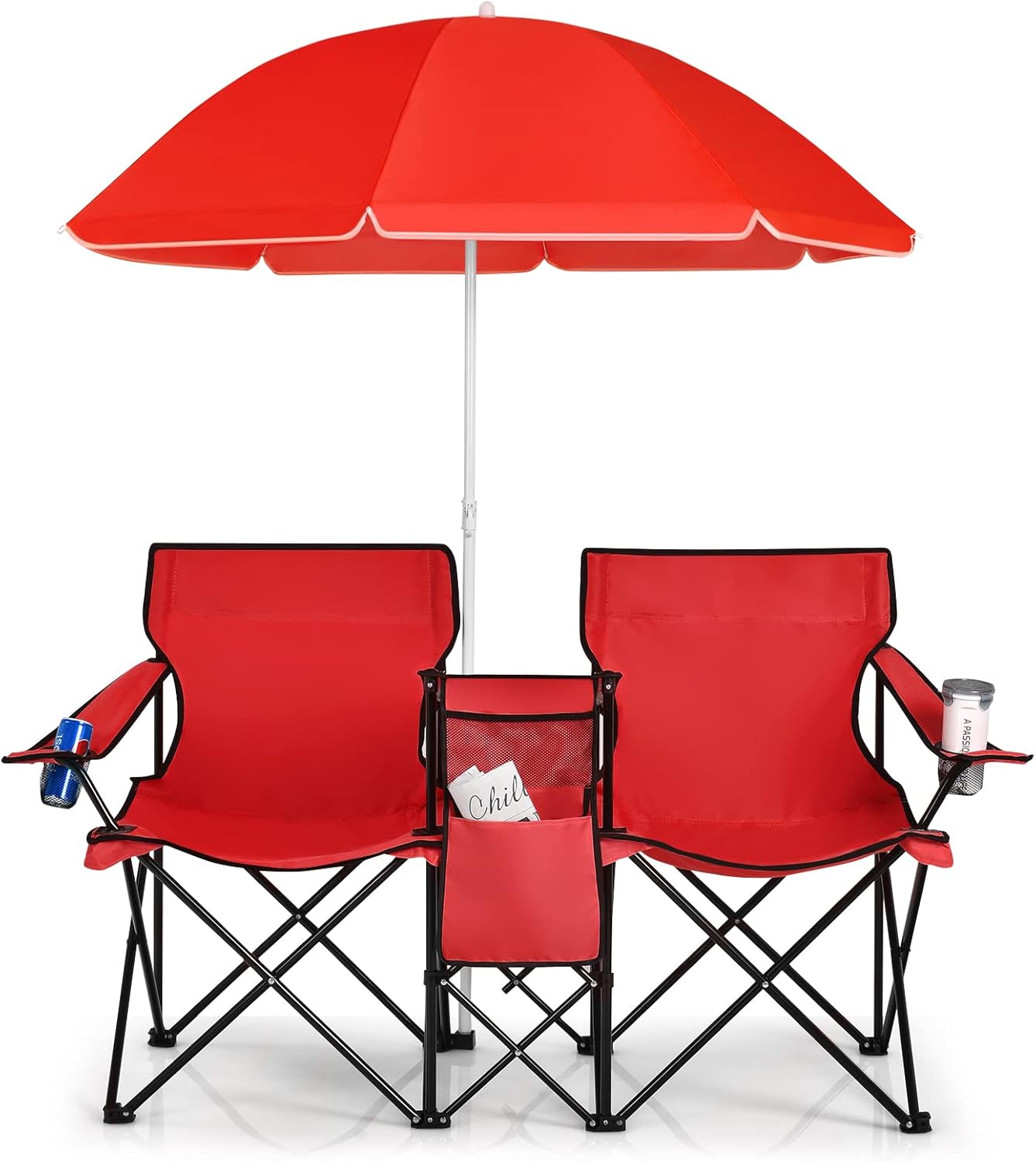 Double Camping Chair with Umbrella, Folding Loveseat Chairs W/Canopy Shade, Carrying Bag
