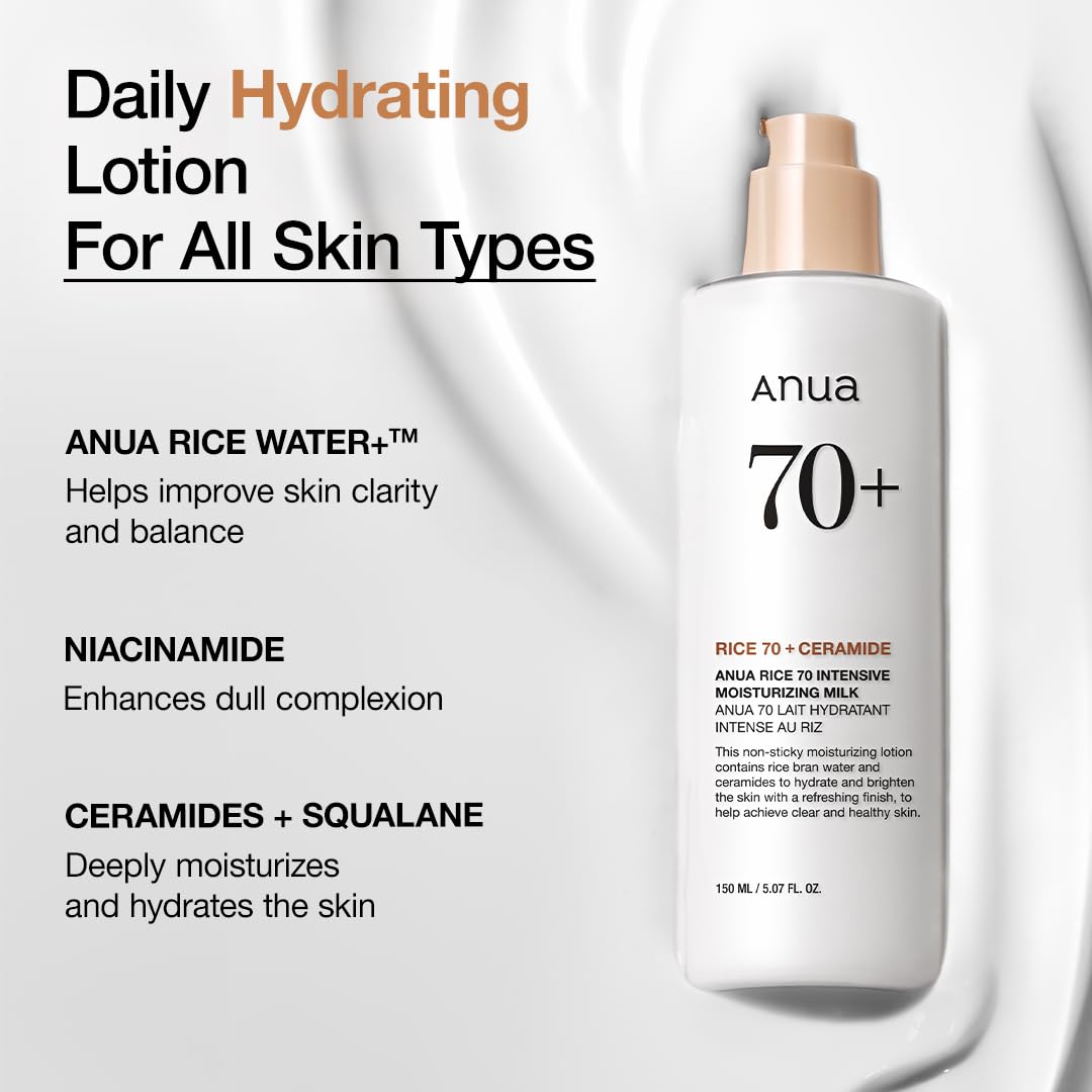 ANUA  Rice 70 Intensive Moisturizing Milk, Lotion for Deep Hydration and Nourishing,  Korean Skincare, 150Ml/ 5.07 Fl.Oz.