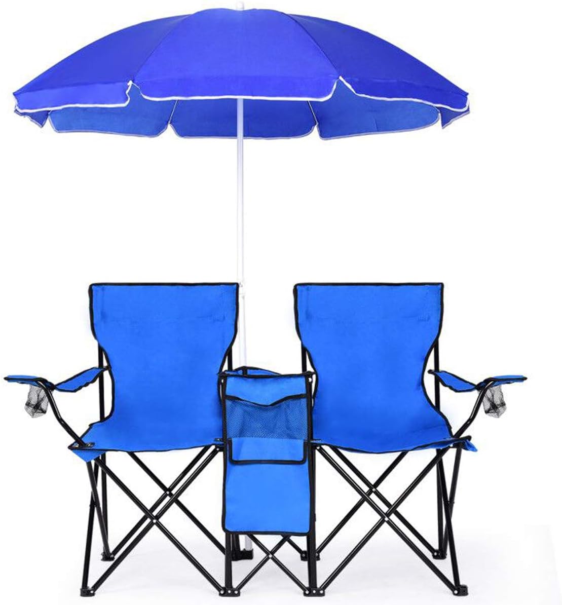 Double Camping Chair with Umbrella, Folding Loveseat Chairs W/Canopy Shade, Carrying Bag