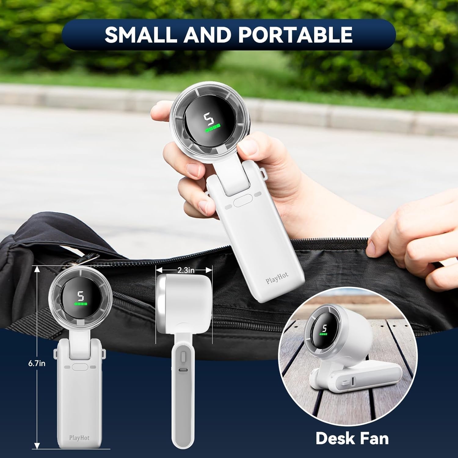 Portable Handheld Turbo Fan, 5 Gear Wind, Battery Operated,  Travel, Beach (White)