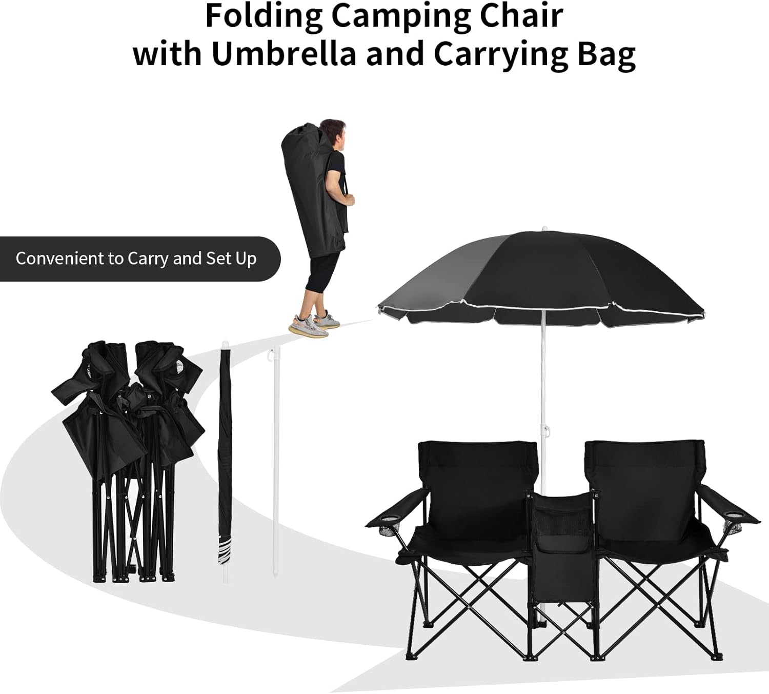 Double Camping Chair with Umbrella, Folding Loveseat Chairs W/Canopy Shade, Carrying Bag