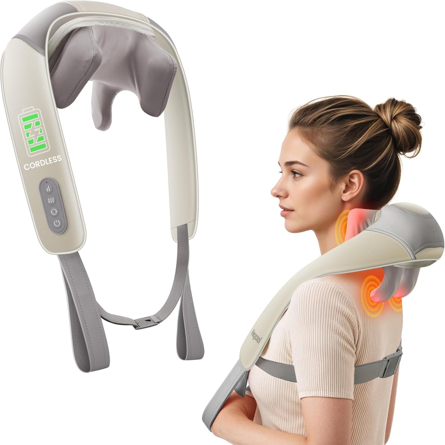 Rechargeable Cordless Neck Massager with Heat, 4D Deep Kneading Neck Shoulder Massager for Pain, 