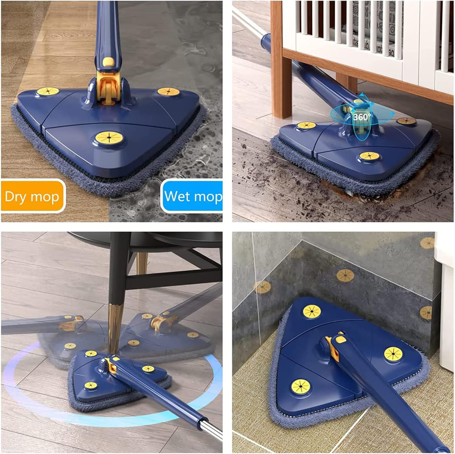 🧹 360° Rotatable Triangle Mop – Adjustable, Multifunctional Self-Wringing Floor Cleaning Tool