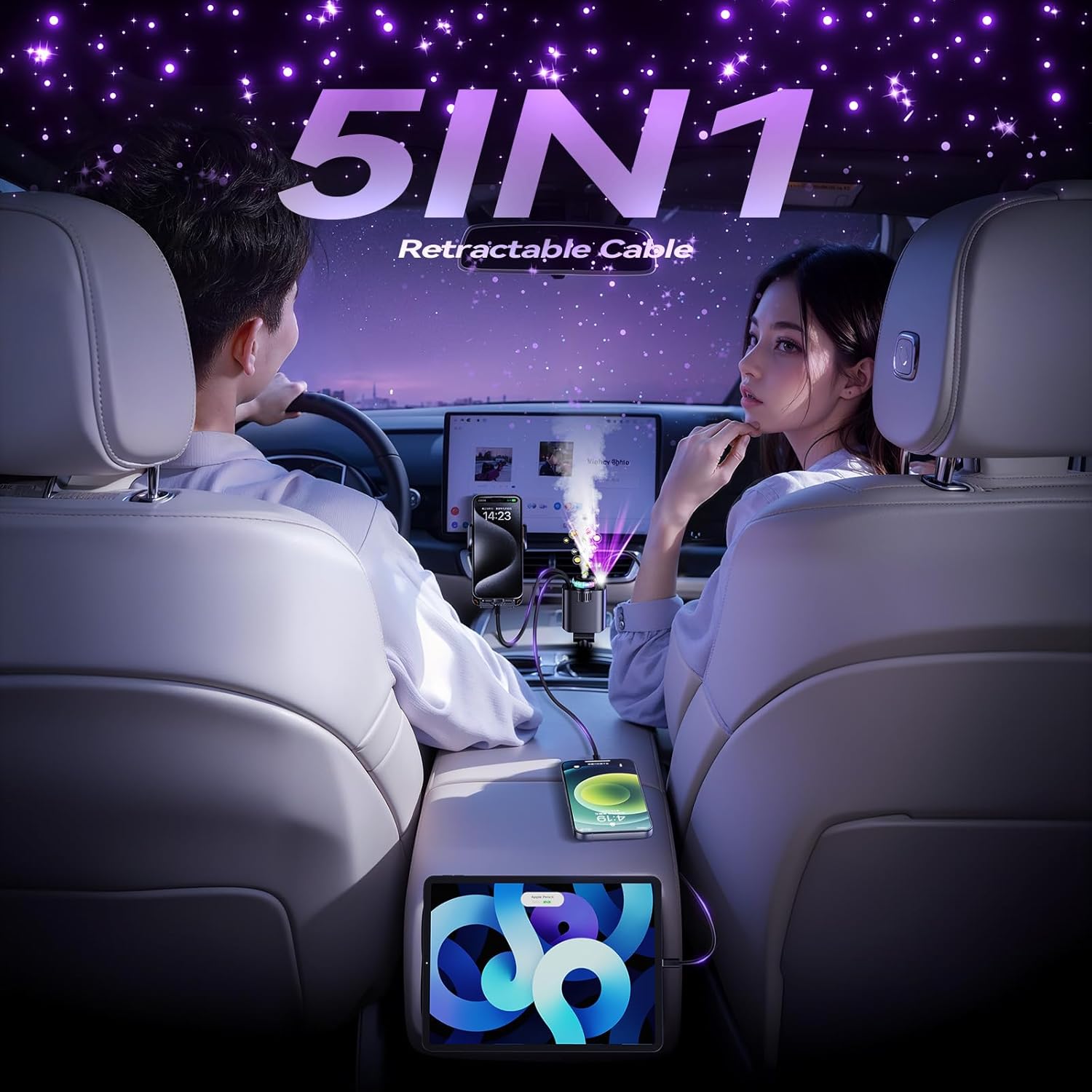 Retractable Car Charger with Starlight and Aromatherapy, 5 in 1 USB C Car Charger Adapter