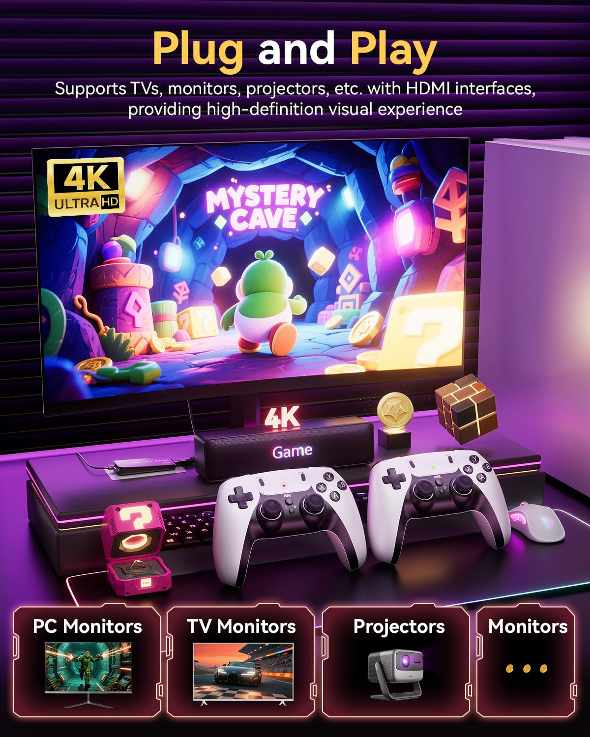 Retro Gaming Console, 20,000+ Retro Game Stick, 23 Emulators, 4K HD TV Game Stick with 2 Wireless Controllers