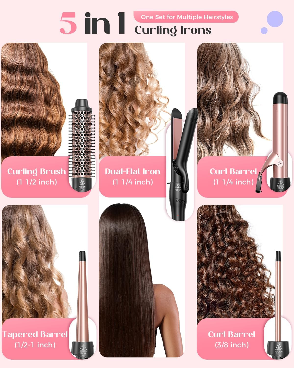 5 in 1 Curling Iron with Thermal Brush and 4 Interchangeable Ceramic Barrels(1/2 to 1 1/2 Inch),Gifts for Women