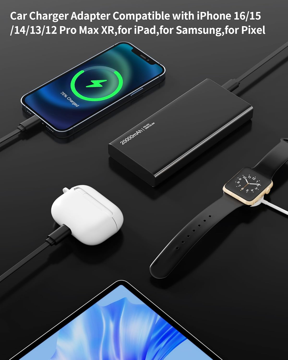 Retractable 4 in 1 Fast Charging Car Charger USB-C & USB-A Compatible with Iphone 16/15/14/13/12/11,Galaxy,Pixel