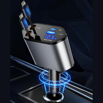 ⚡Retractable 4-in-1 Fast Charging Car Charger – USB-C & USB-A for iPhone, Samsung Galaxy, Pixel