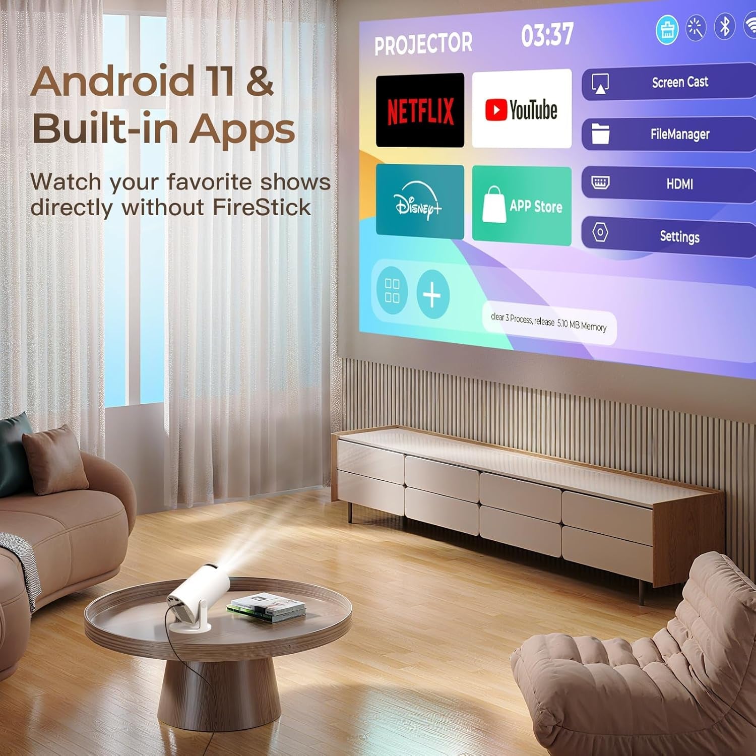 Built-In Apps & 2025 Upgraded Smart Projector with Wi-Fi 6 & Bluetooth 5.4, 1080P 4K Support Full HD