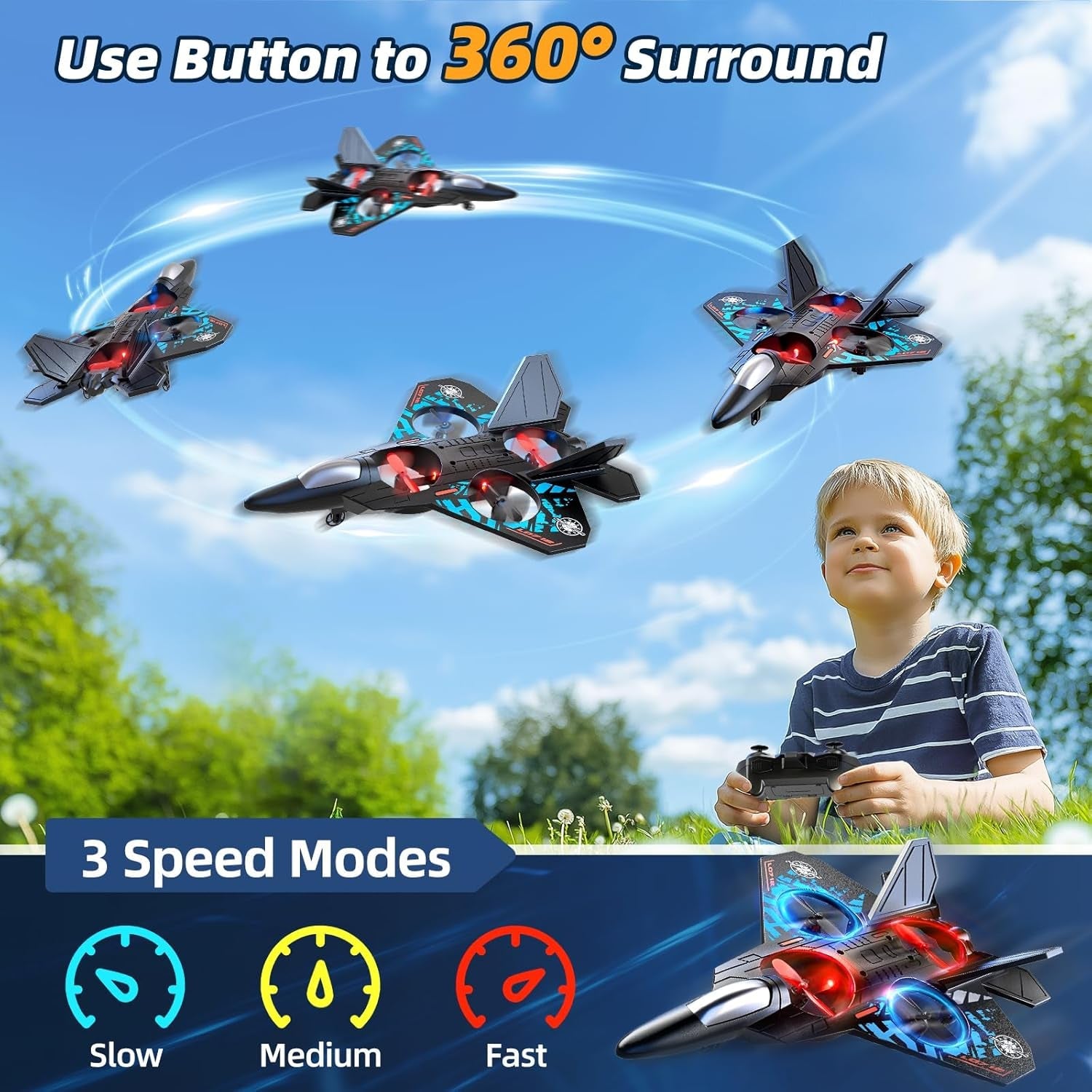 Foam Remote Control Airplane for Kids 8-12, 2.4 Ghz RC Plane with Colorful Lights, 360° Flips & Stunt Roll, 