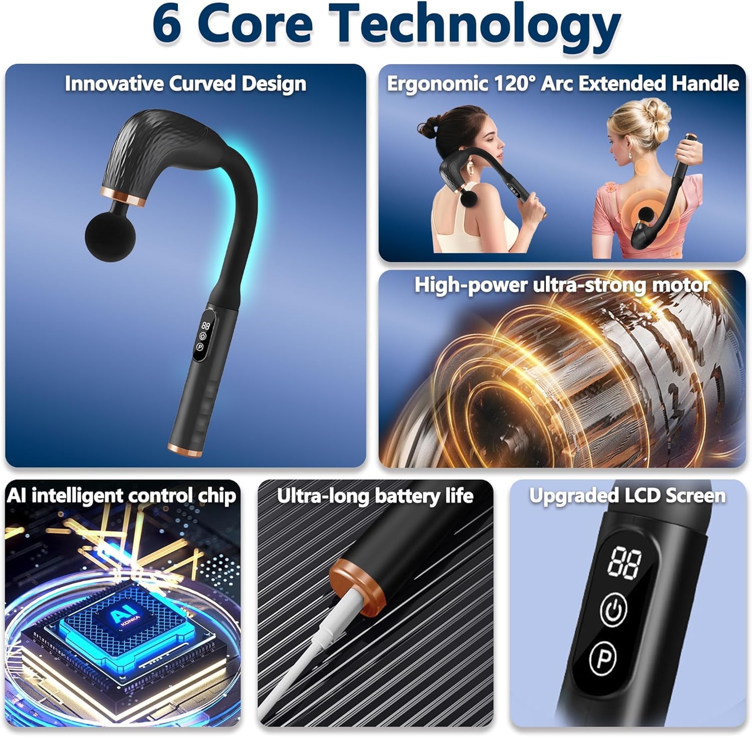 Massage Gun with Upgraded Extension Handle, Back Massager for Pain Relief Deep Tissue, 