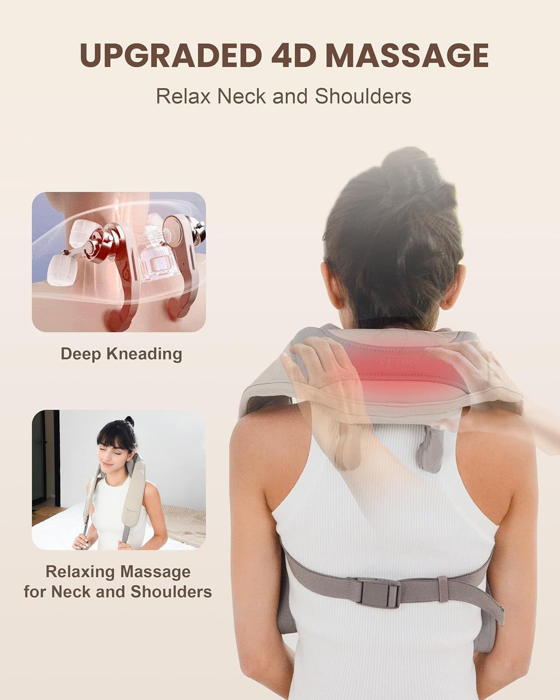 Rechargeable Cordless Neck Massager with Heat, 4D Deep Kneading Neck Shoulder Massager for Pain, 