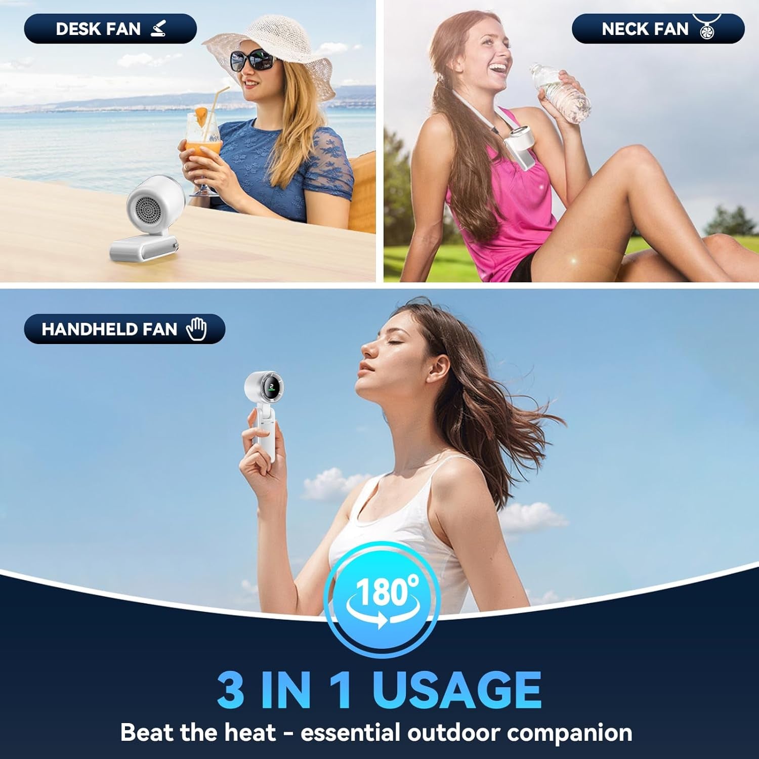 Portable Handheld Turbo Fan, 5 Gear Wind, Battery Operated,  Travel, Beach (White)