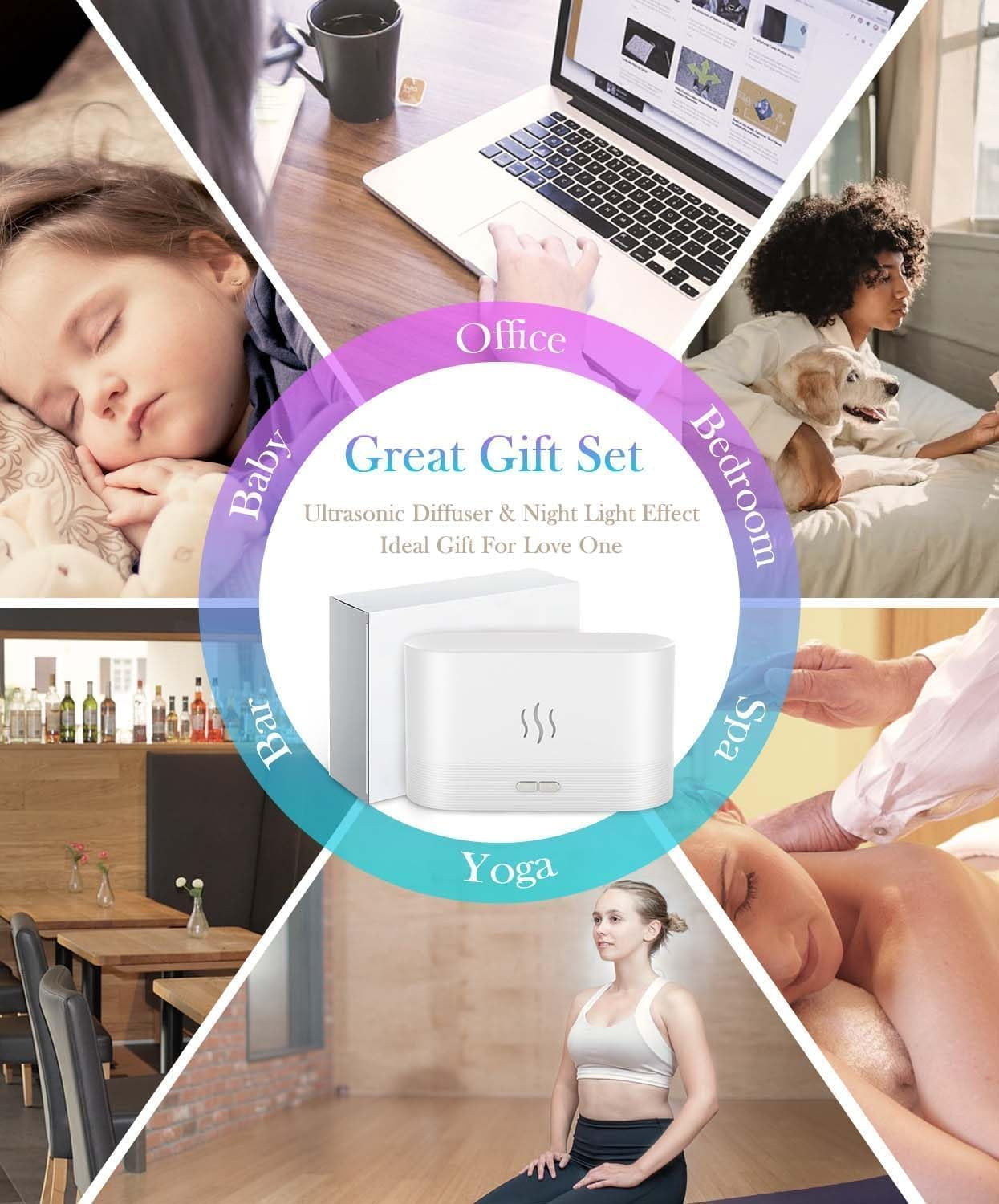 Essential Oil Diffuser Humidifer with Flame Light Effect, Humidifiers for Bedroom with 2 Brightness, 