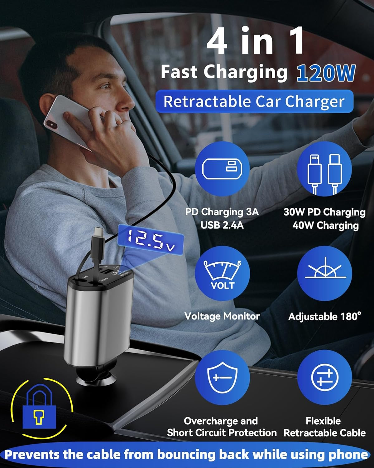Retractable 4 in 1 Fast Charging Car Charger USB-C & USB-A Compatible with Iphone 16/15/14/13/12/11,Galaxy,Pixel