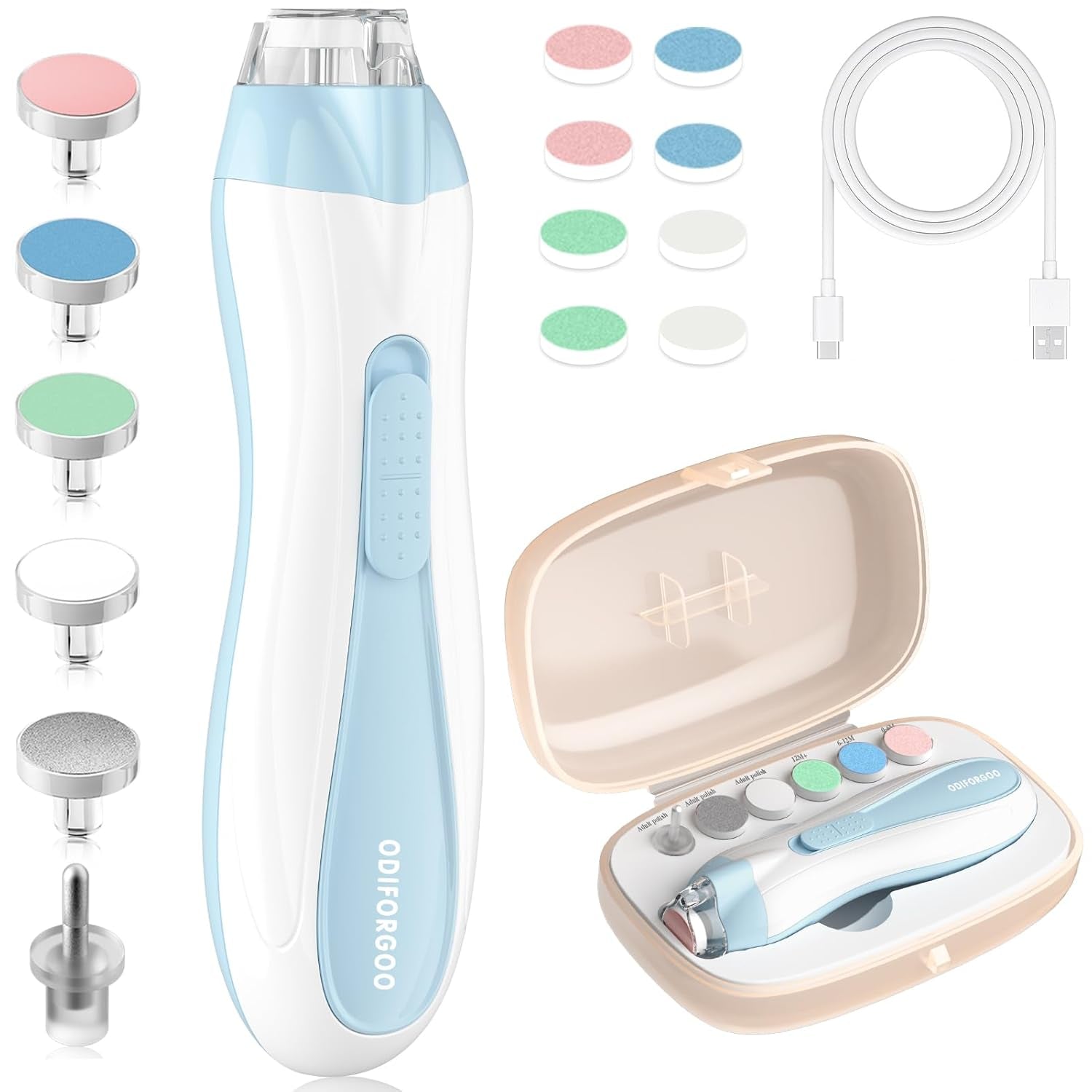 Electric Baby Nail Trimmer ,Usb Charging 15 in 1 Nail Clippers Kit with Dust Cover LED Light,