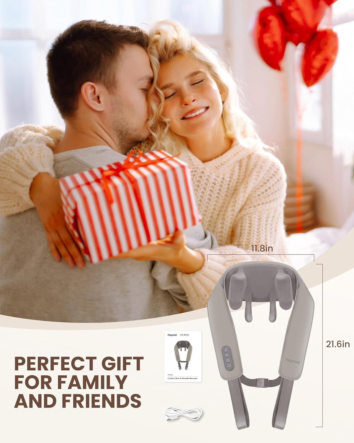 Rechargeable Cordless Neck Massager with Heat, 4D Deep Kneading Neck Shoulder Massager for Pain, 