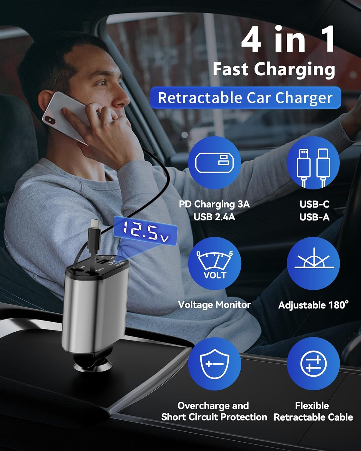 Retractable  4 in 1 Fast Charging Car Charger USB-C & USB-A Compatible with Iphone 16/15/14/13/12/11/X,Galaxy,Pixel