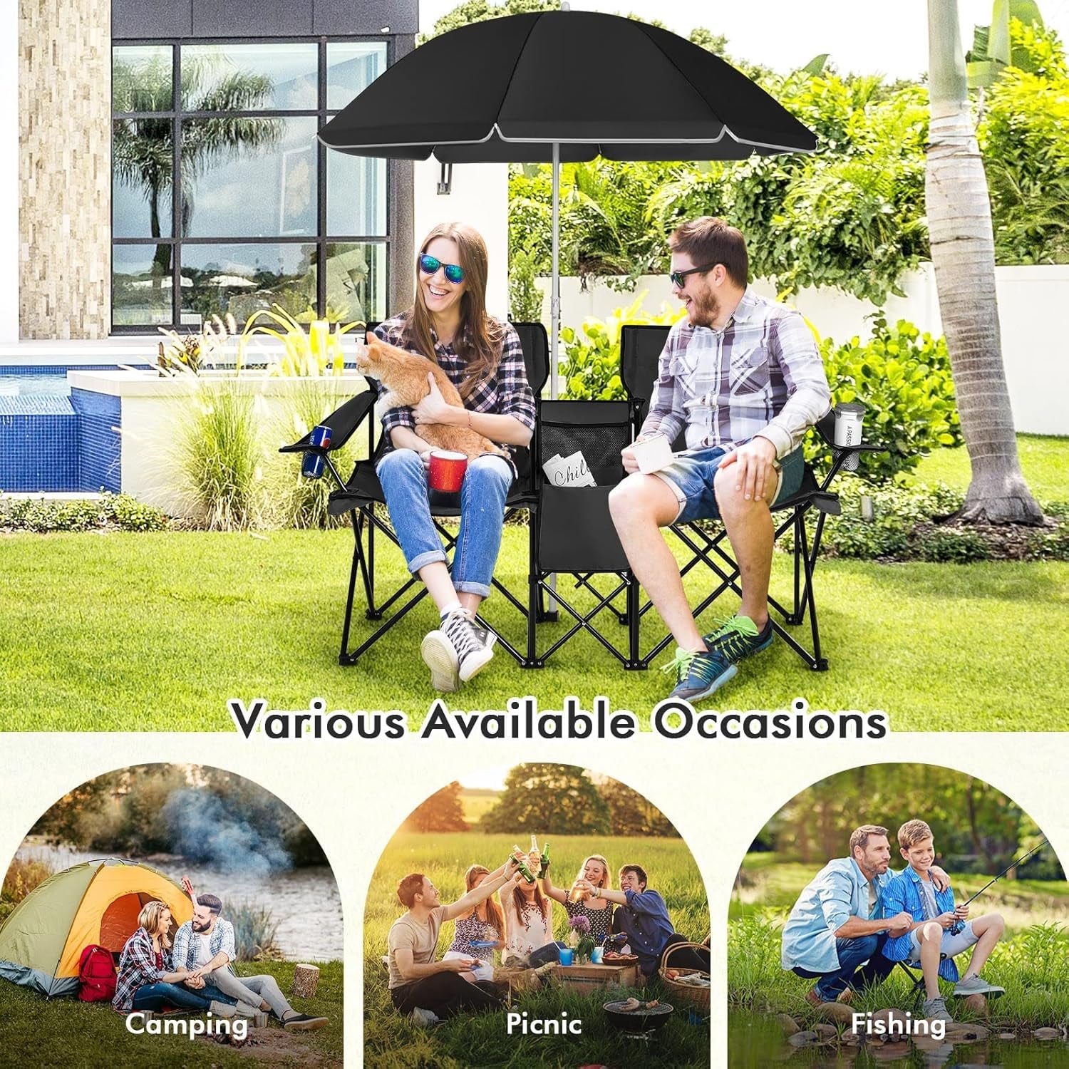 Double Camping Chair with Umbrella, Folding Loveseat Chairs W/Canopy Shade, Carrying Bag